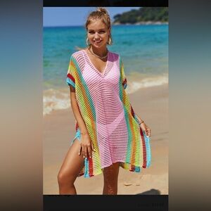 LA Double take Open Work Stripe Slit Knit Coverup OSFA New